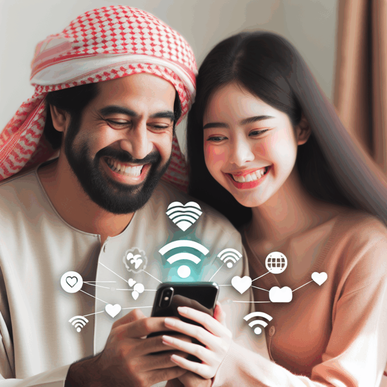 A couple smiling while using a smartphone together, with symbols of love and connection floating around them in a cozy home setting.