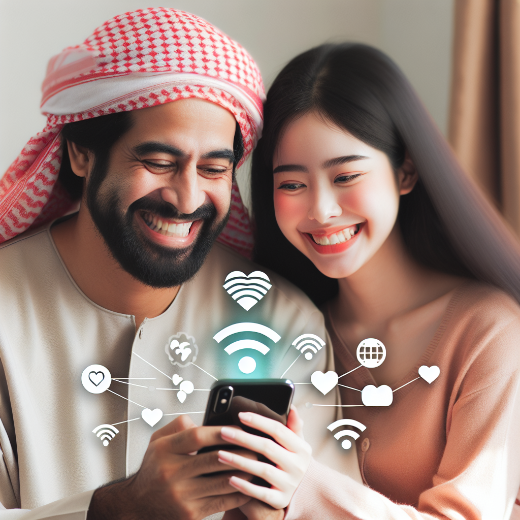 A couple smiling while using a smartphone together, with symbols of love and connection floating around them in a cozy home setting.