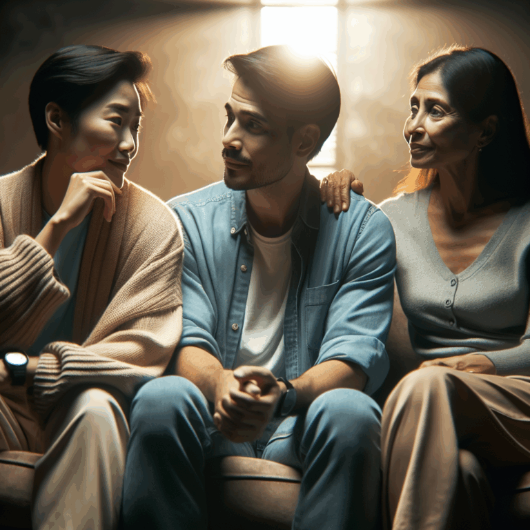 A couple sitting on a couch, sharing and reminiscing their first meeting with expressive emotions, therapist listening attentively. Soft, warm lighting, candid setting, capture the essence of storytelling.