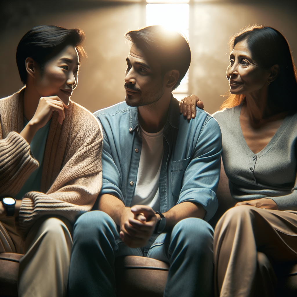 A couple sitting on a couch, sharing and reminiscing their first meeting with expressive emotions, therapist listening attentively. Soft, warm lighting, candid setting, capture the essence of storytelling.