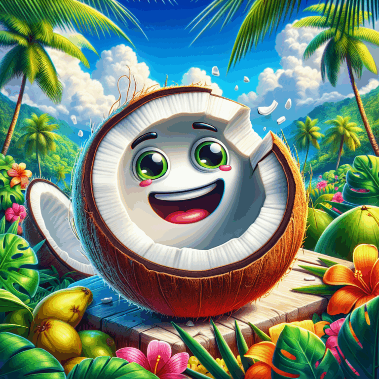 A humorous and educational illustration showing a coconut with playful expressions, partially opened with vibrant tropical backgrounds. The image suggests a lighthearted exploration of unconventional uses, with a hint of sex education theme.