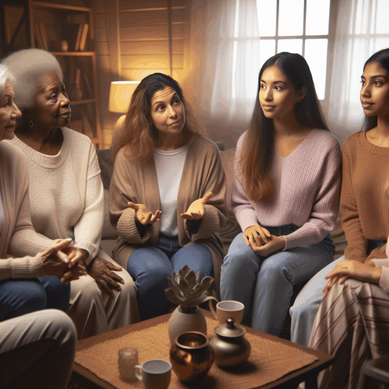 A diverse group of women of different ages and backgrounds sitting in a cozy living room, engaging in a lively and open conversation about relationships and intimacy, showing expressions of curiosity and contemplation.