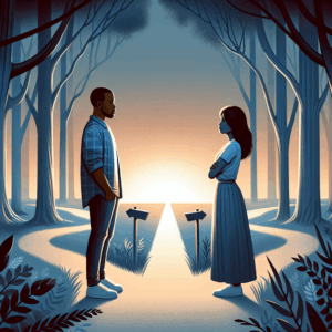 A serene and thoughtful illustration of two people parting ways, symbolizing a gentle and understanding break-up. The setting is calm and peaceful, capturing the essence of emotional clarity and respect.