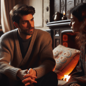 A thoughtful and introspective couple having a serious conversation in a cozy living room setting, expressing emotions of love and concern, with soft lighting enhancing a warm atmosphere.