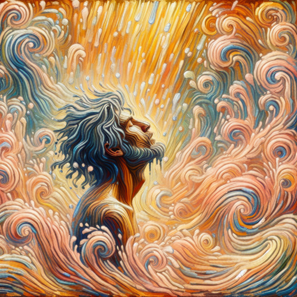 An artistic representation of the concept of gooning, showcasing a person in a serene, euphoric state surrounded by abstract waves of pleasure, in warm, soft tones.
