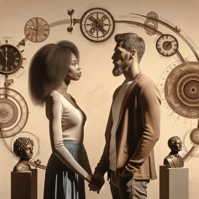 A long-term couple facing each other in a supportive and understanding manner, surrounded by symbols representing different phases of a relationship such as clocks or milestone markers, conveying a sense of emotional connection and communication.