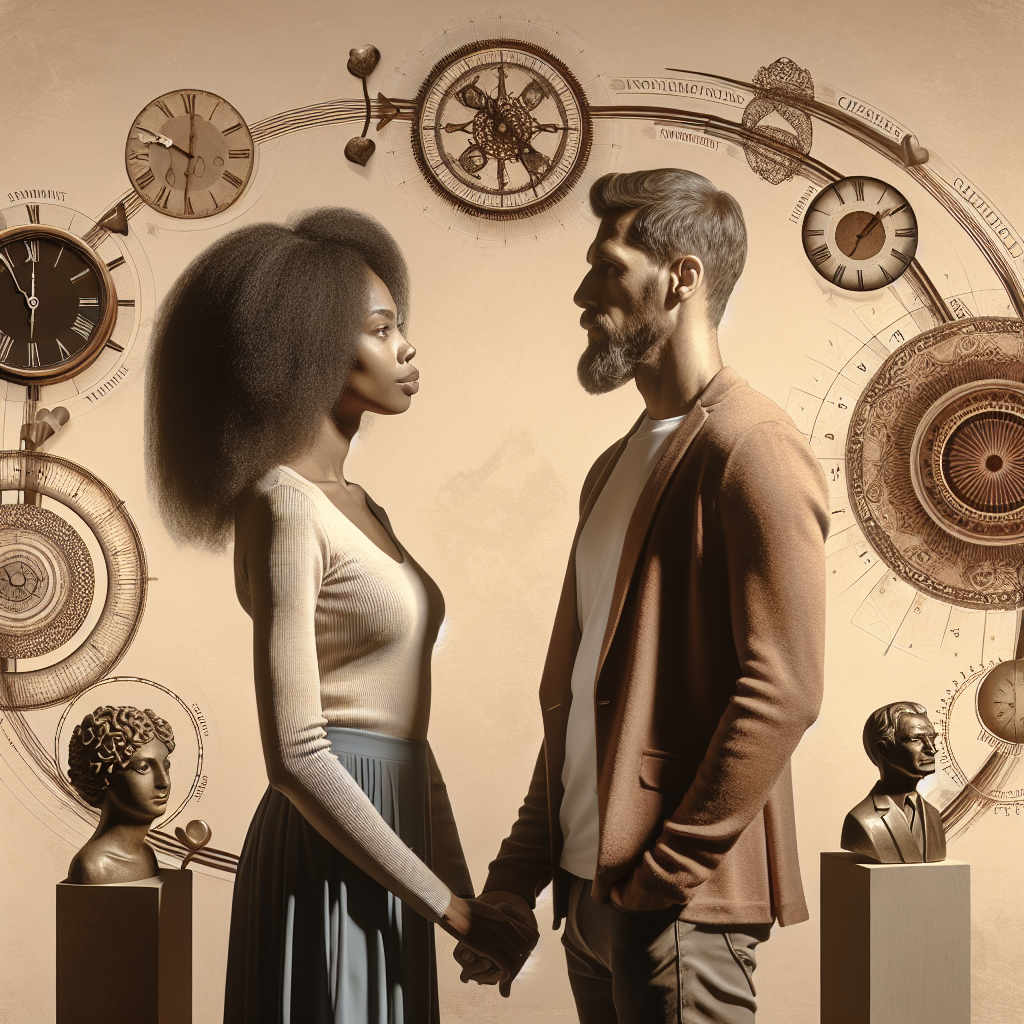 A long-term couple facing each other in a supportive and understanding manner, surrounded by symbols representing different phases of a relationship such as clocks or milestone markers, conveying a sense of emotional connection and communication.