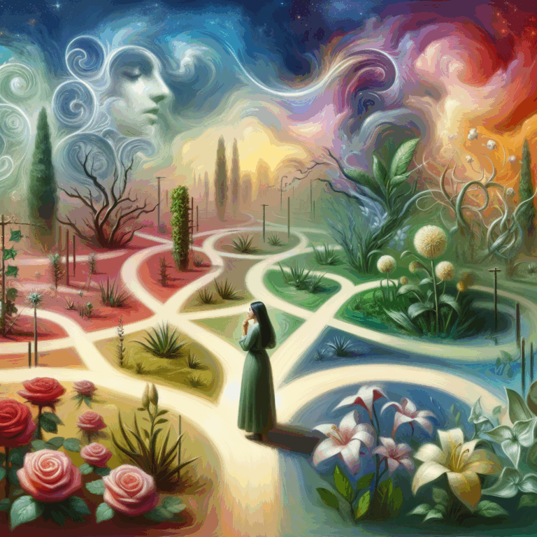 An abstract illustration of emotional connections after a breakup, featuring a woman contemplating multiple paths in a symbolic garden of relationships, with a dreamy and emotional color palette.