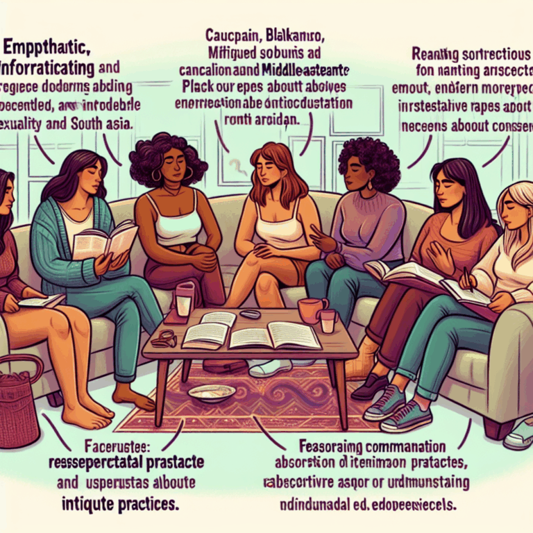 An empathetic, informative illustration of a diverse group of women in a supportive setting, discussing and learning about sexuality and consent, with a focus on exploring practices like anal sex in a respectful manner.