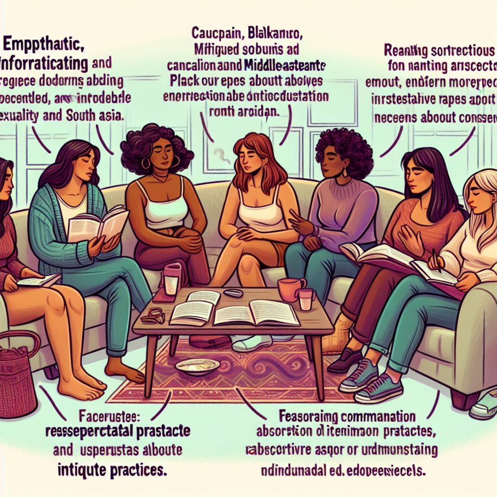 An empathetic, informative illustration of a diverse group of women in a supportive setting, discussing and learning about sexuality and consent, with a focus on exploring practices like anal sex in a respectful manner.