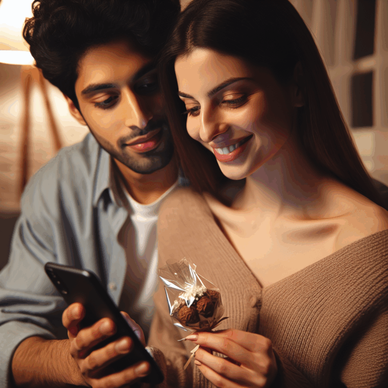 A young couple sitting closely, the woman smiling at a message on her phone with a thoughtful expression on her face. The man beside her is casually holding a small, unexpected gift, like a single flower or a chocolate bar. They are in a cozy, warmly lit living room setting.