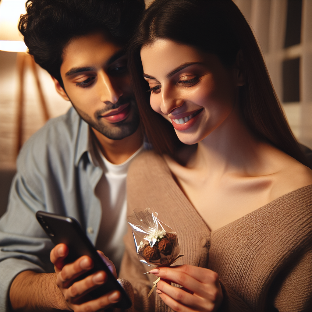 A young couple sitting closely, the woman smiling at a message on her phone with a thoughtful expression on her face. The man beside her is casually holding a small, unexpected gift, like a single flower or a chocolate bar. They are in a cozy, warmly lit living room setting.