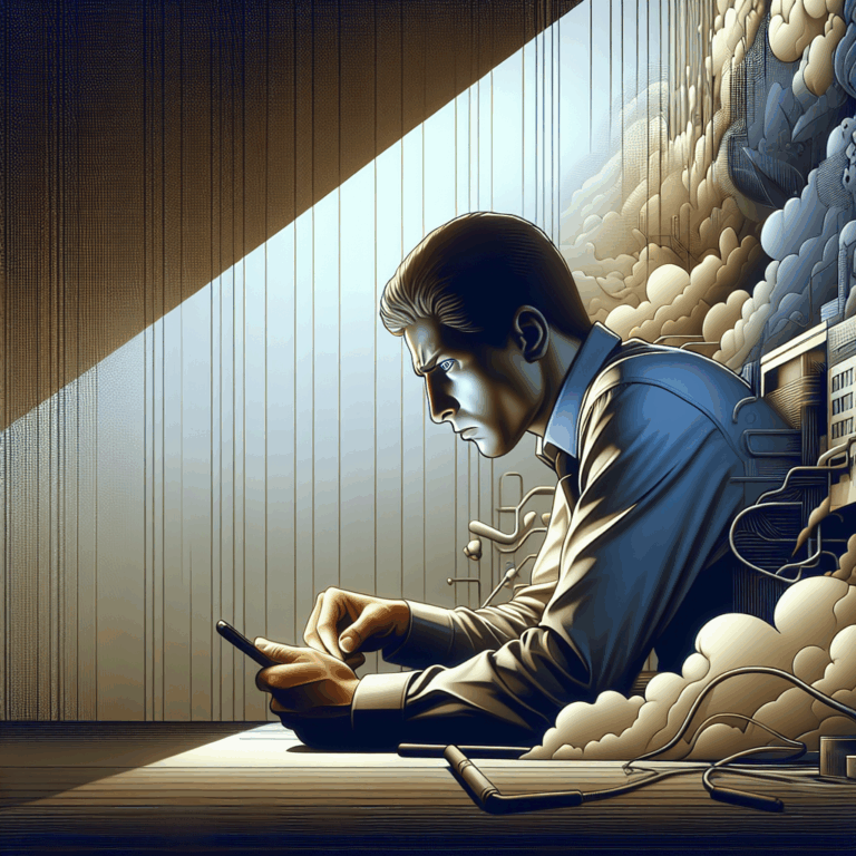 A worried partner looking at their phone, an atmosphere of doubt and technology, symbolizing online infidelity investigations, with soft lighting and a neutral background.