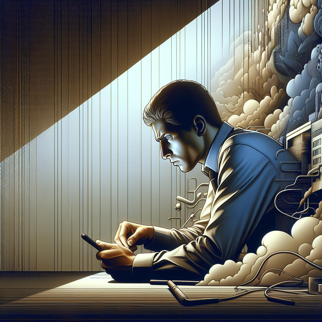 A worried partner looking at their phone, an atmosphere of doubt and technology, symbolizing online infidelity investigations, with soft lighting and a neutral background.