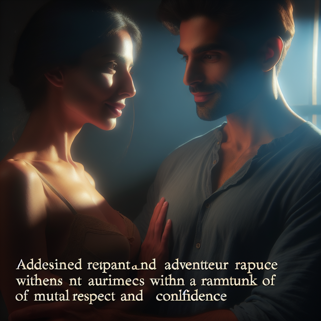 A couple in an intimate, softly lit setting, engaging in gentle touching and playful interaction, with an air of sensuality and discretion. The atmosphere should convey a sense of trust and subtle excitement, highlighting the idea of exploration within boundaries.