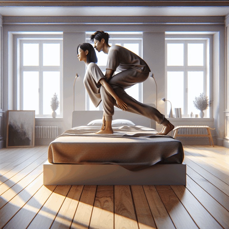 A couple trying the standing dragon position on the edge of a bed, with a modern bedroom setting, natural lighting, and expressions of intimacy and exploration.