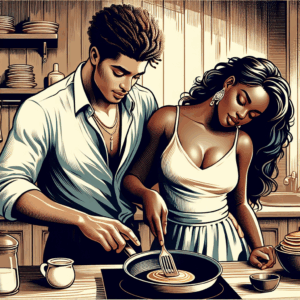 An intimate and artistic illustration of a romantic couple experimenting with the pancake position, showing a graceful and engaging posture, emphasizing the intimacy and connection between them.