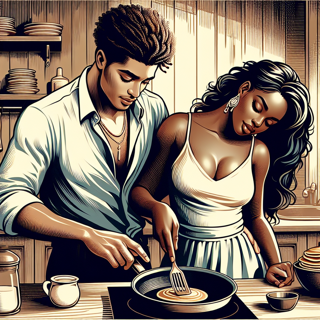 An intimate and artistic illustration of a romantic couple experimenting with the pancake position, showing a graceful and engaging posture, emphasizing the intimacy and connection between them.