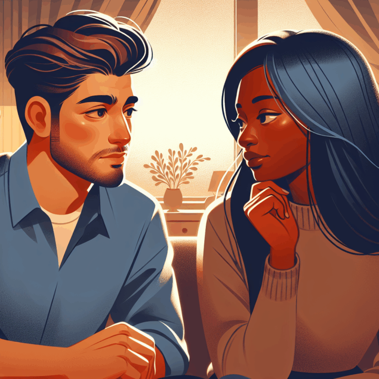 An illustration depicting a couple in a thoughtful discussion, with one person expressing signs of jealousy, set in a warm, calming environment, to symbolize understanding and resolution in relationships.