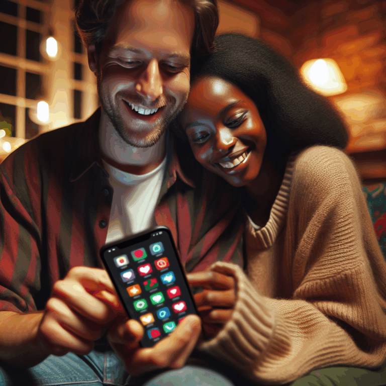 A connected couple happily using a smartphone together indoors, app icons floating around representing various relationship-enhancing features like heart, chat bubble, and game controller, colorful and joyful.