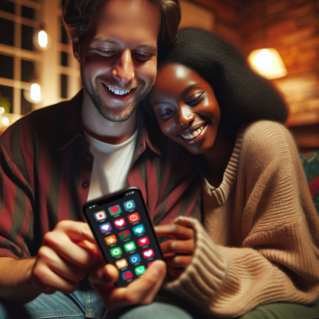 A connected couple happily using a smartphone together indoors, app icons floating around representing various relationship-enhancing features like heart, chat bubble, and game controller, colorful and joyful.