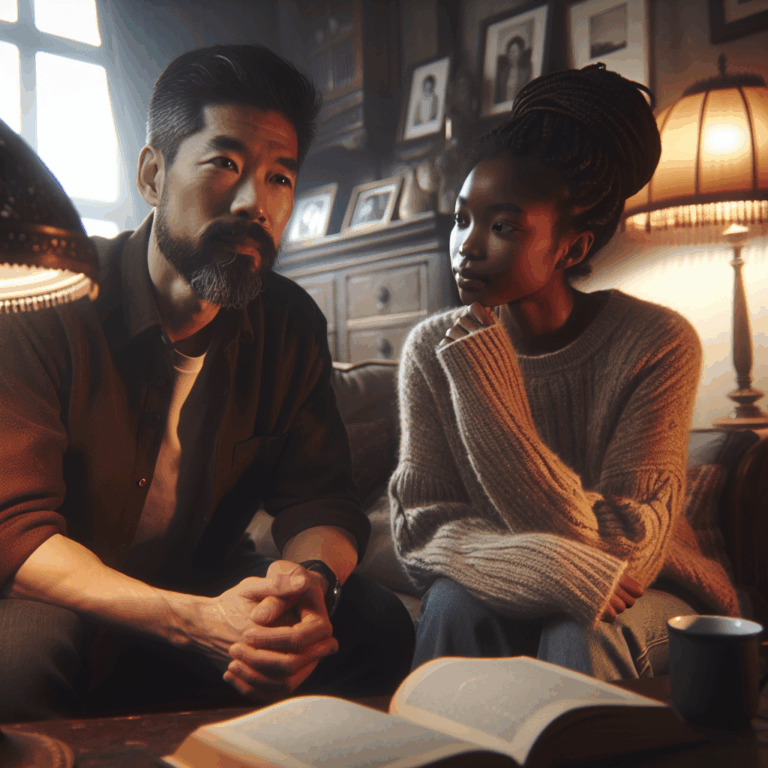 A thoughtful couple seated at a cozy living room, both engaged in a calm and deep conversation. The atmosphere is warm and understanding, with soft lighting from lamps, illustrating themes of empathy, trust, and emotional connection.