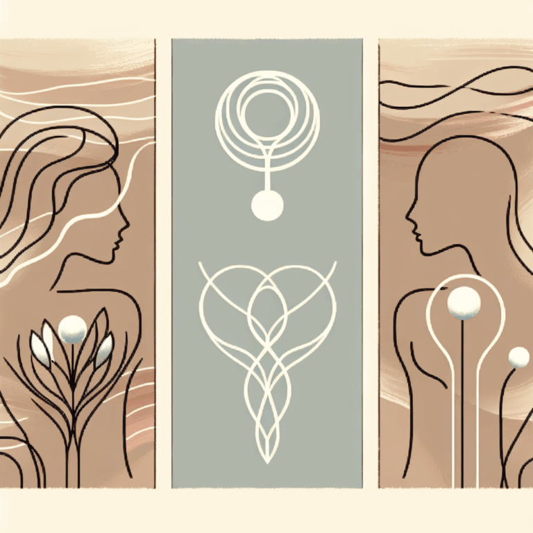 Une illustration élégante et discrète représentant un guide moderne sur les techniques du plaisir anal féminin, mettant en avant les trois techniques avec des symboles abstraits, dans des tons doux et rassurants.