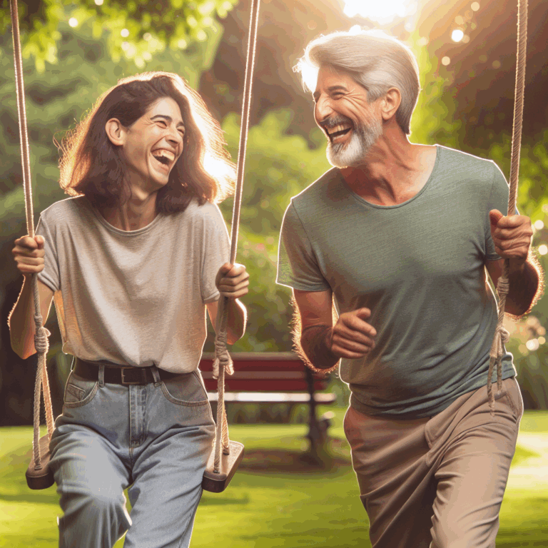 A harmonious couple with a significant age difference, walking in a park, happily conversing. The younger partner, mid-30s, laughs as the older partner, late-50s, pushes a swing. Soft lighting, warm atmosphere, symbolizing love transcending age.