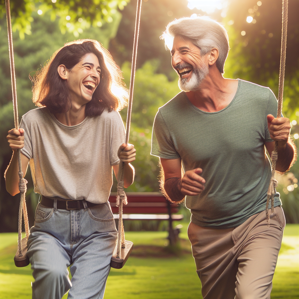 A harmonious couple with a significant age difference, walking in a park, happily conversing. The younger partner, mid-30s, laughs as the older partner, late-50s, pushes a swing. Soft lighting, warm atmosphere, symbolizing love transcending age.