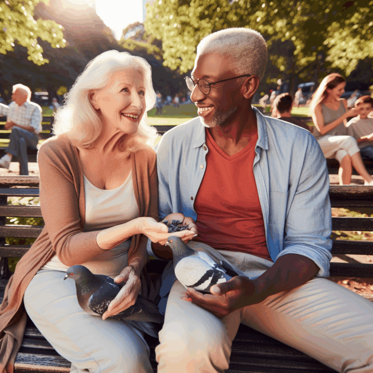 A harmonious couple with significant age difference enjoying a sunny day at the park, illustrating love beyond age barriers.
