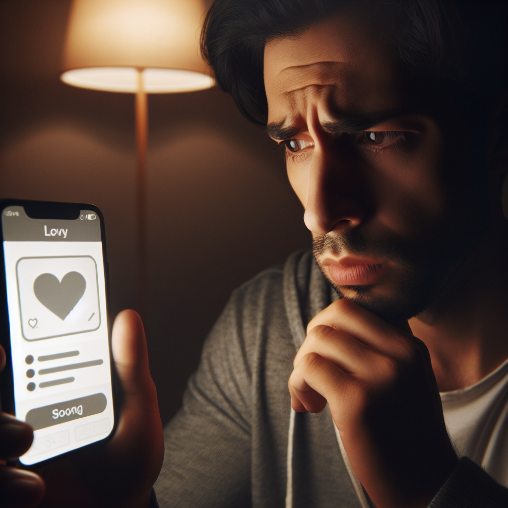 A worried person looking at a smartphone screen displaying a dating app interface, in a dimly lit room, with a background hinting at tension and suspicion in relationships.
