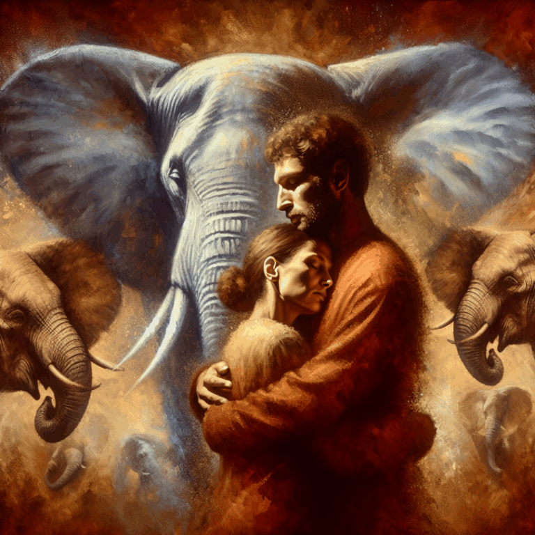 An artistic illustration showing a couple in an intimate embrace from behind, capturing the essence of closeness and deep connection, inspired by the concept of the elephant position, with warm and sensual tones.