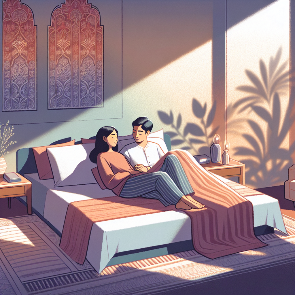 A romantic and intimate bedroom scene depicting a couple in a creative yet natural pose, emphasizing closeness and connection, with soft, warm lighting and delicate shadows to convey intimacy and warmth.