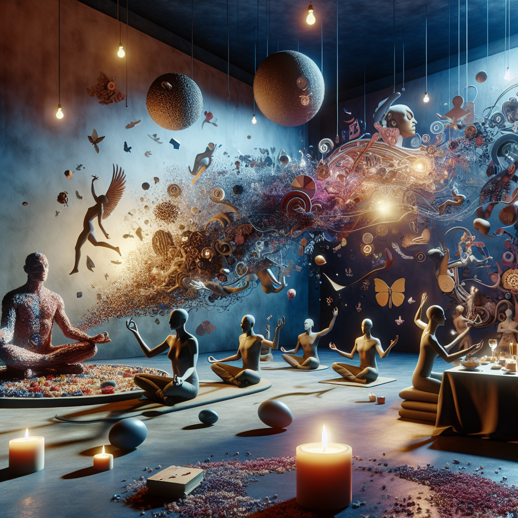 An artistic representation of people exploring self-pleasure through the technique of gooning, featuring an intimate and serene setting with soft lighting and abstract elements symbolizing prolonged pleasure and euphoria.