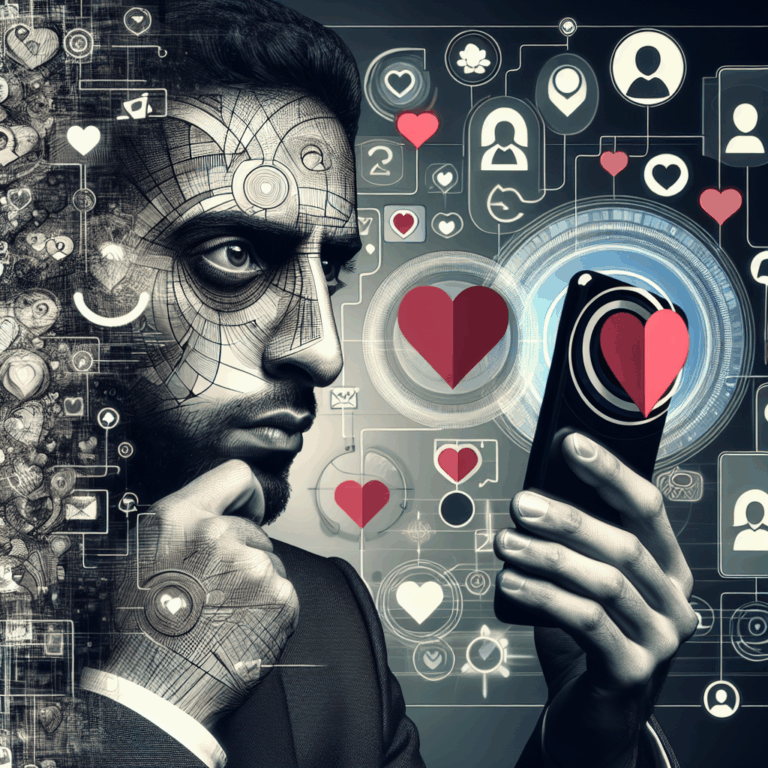 A person looking at a smartphone with a suspicious, thoughtful expression, displaying an abstract representation of online dating apps, set in a modern, digital-themed style, with a focus on emotions and technology.