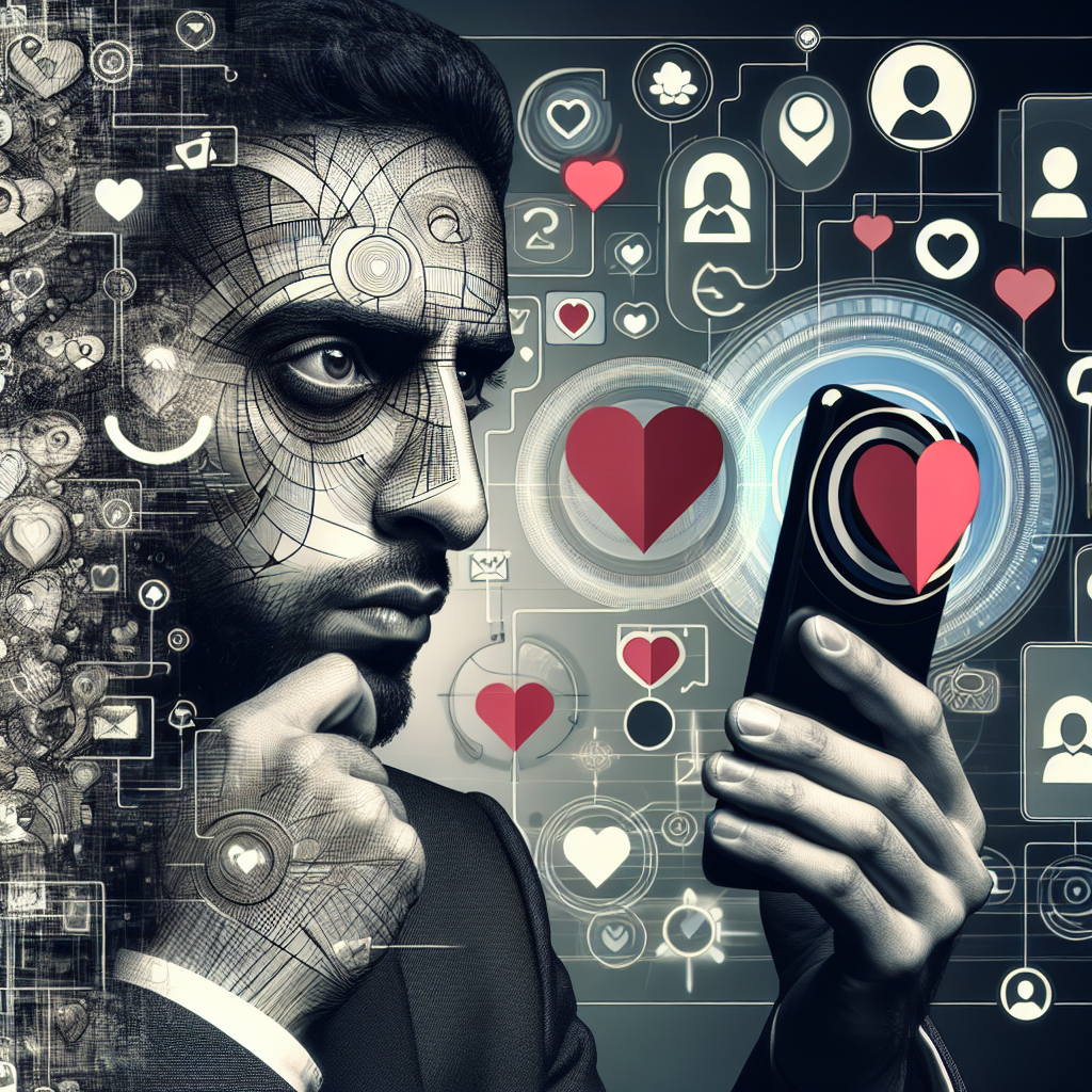 A person looking at a smartphone with a suspicious, thoughtful expression, displaying an abstract representation of online dating apps, set in a modern, digital-themed style, with a focus on emotions and technology.