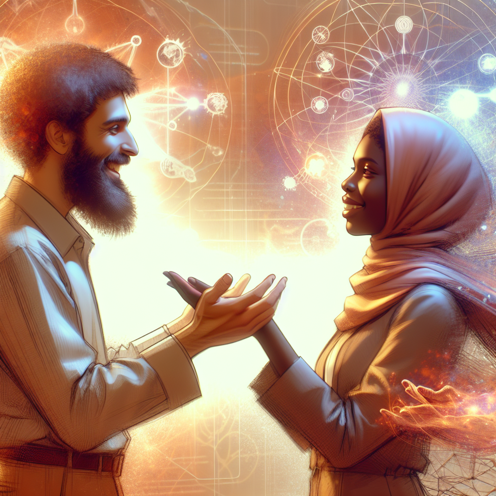 An illustration of a couple reuniting with joy, set against a soft-focus background symbolizing emotions and psychological understanding, scientific elements subtly included, warm and heartwarming mood.