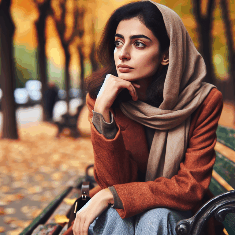 A thoughtful woman sitting on a park bench with a distant look, contemplating her relationship decisions after a breakup, soft autumn colors, thoughtful mood.