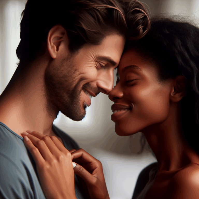 Un couple échangé un regard complice, symbolisant l'intimité et la confiance requises pour le fluid bonding, avec une ambiance douce et romantique, sans connotation explicite.