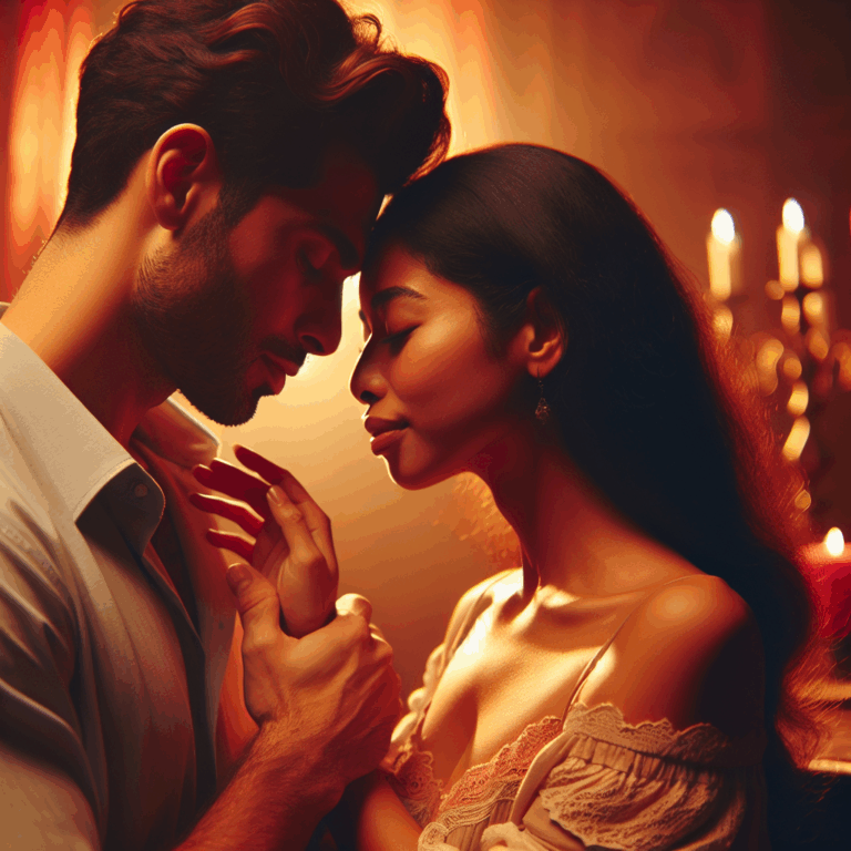 A couple engaged in soft swinging, depicted with warm hues and intimate lighting, showcasing gentle touches and playful interactions in a sophisticated yet inviting setting.
