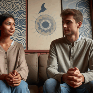 Deux personnes assises face à face dans un café, échangeant calmement avec des expressions sereines, illustrant une discussion honnête et respectueuse. L'arrière-plan montre des motifs doux et apaisants, évoquant un espace sûr et bienveillant.