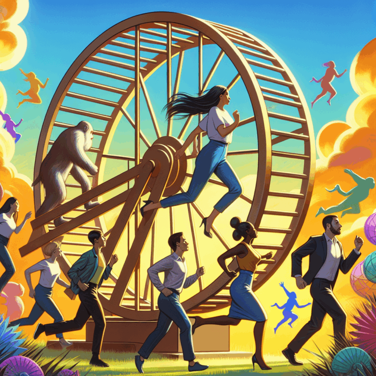 A diverse group of people breaking free from repeating patterns, symbolized by a hamster wheel, all set in a vibrant, hopeful atmosphere to illustrate breaking free from habitual cycles in dating.