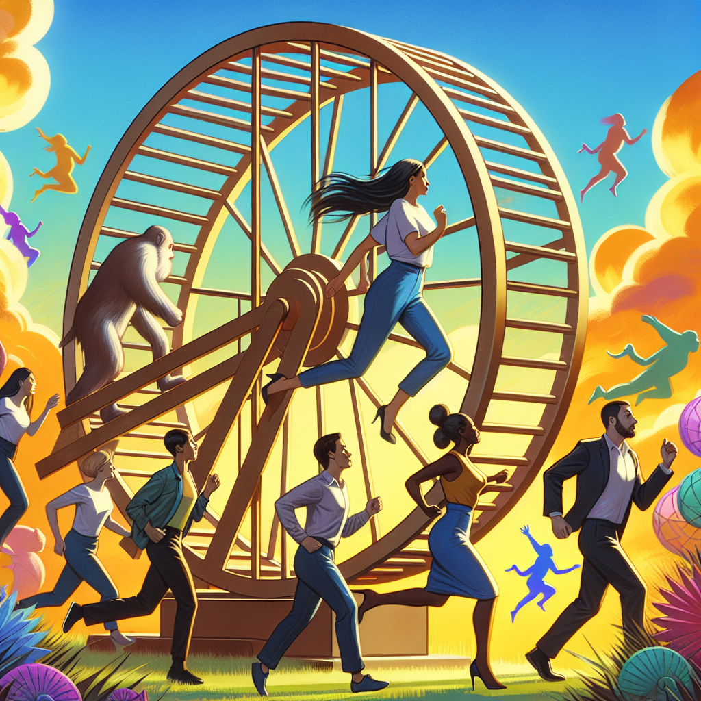 A diverse group of people breaking free from repeating patterns, symbolized by a hamster wheel, all set in a vibrant, hopeful atmosphere to illustrate breaking free from habitual cycles in dating.