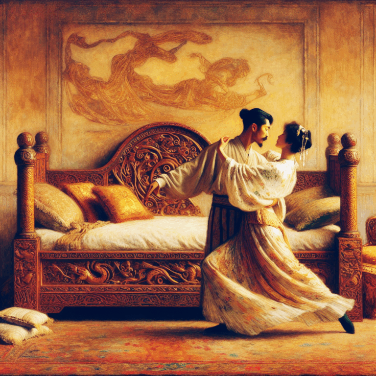 A sensual, artistic illustration of a couple engaging in the 'dragon standing' position, depicting a bedroom ambiance with a focus on intimacy and comfort. The setting shows the couple at the edge of a bed, with warm lighting to complement a cozy, inviting atmosphere.