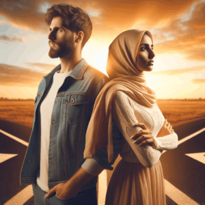 A couple standing together facing different paths at a crossroads, symbolizing challenges in relationships, with a warm sunset in the background and a sense of hope and partnership in their expressions.