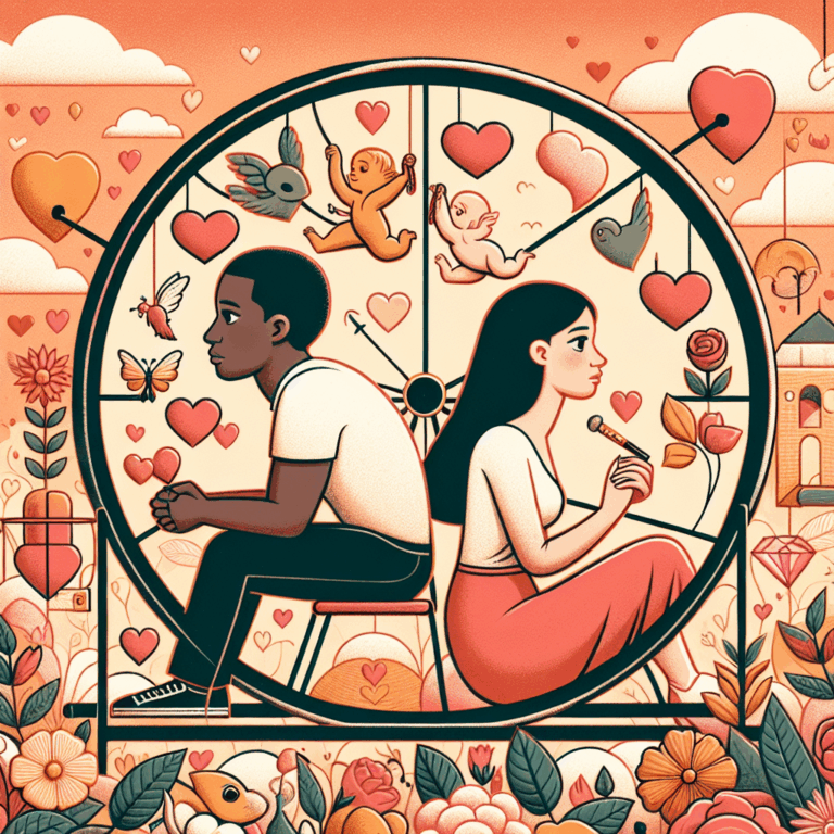 A conceptual illustration showing a metaphorical hamster wheel with a couple, symbolizing repetitive dating patterns, surrounded by symbols of love and variety, in a warm and inviting color palette.