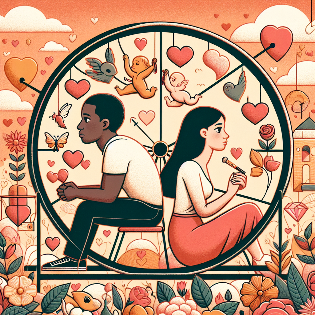 A conceptual illustration showing a metaphorical hamster wheel with a couple, symbolizing repetitive dating patterns, surrounded by symbols of love and variety, in a warm and inviting color palette.