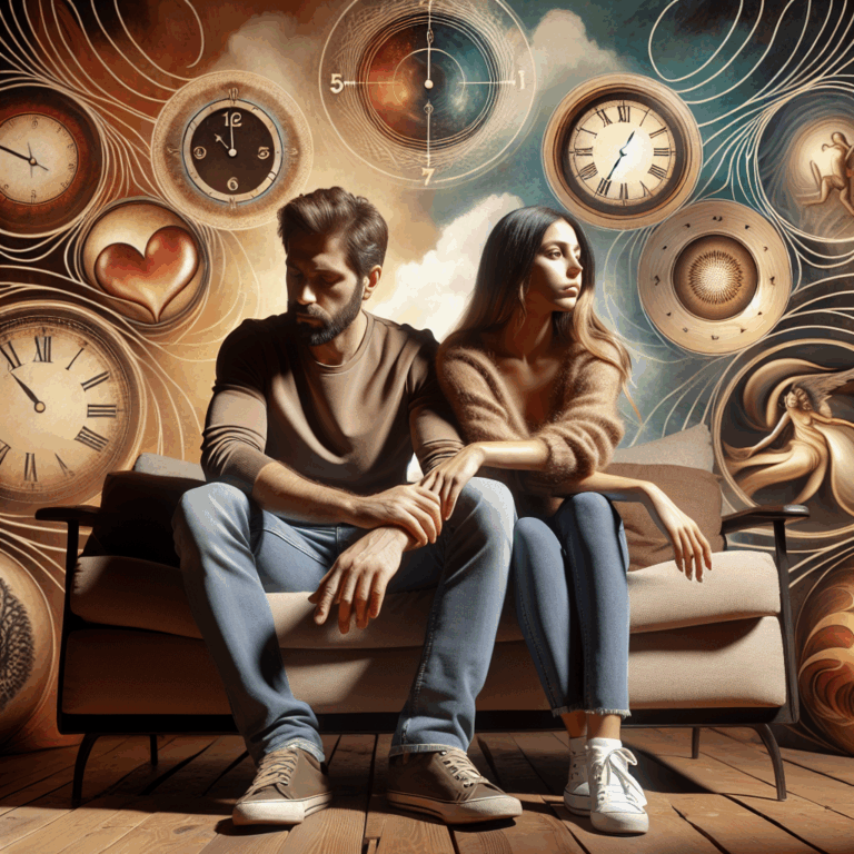 A thoughtful couple sitting on a sofa, holding hands, surrounded by symbolic clocks showing 3, 7, 11, and 15, representing years of relationship crises. The background is warm and inviting, with a focus on emotions and connection.