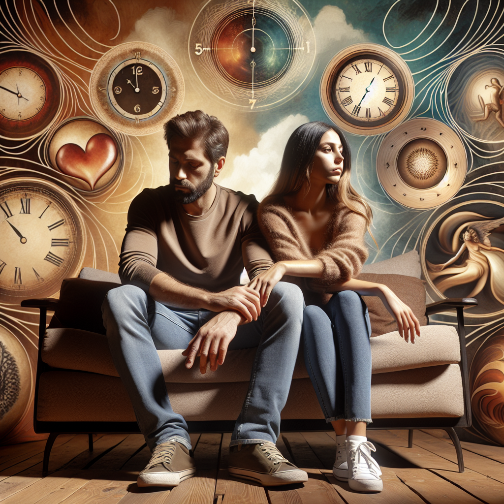 A thoughtful couple sitting on a sofa, holding hands, surrounded by symbolic clocks showing 3, 7, 11, and 15, representing years of relationship crises. The background is warm and inviting, with a focus on emotions and connection.