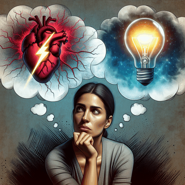 A conceptual illustration showcasing a woman looking thoughtful with two thought bubbles above her head; one showing a broken heart, the other a light bulb symbolizing a new idea or plan.
